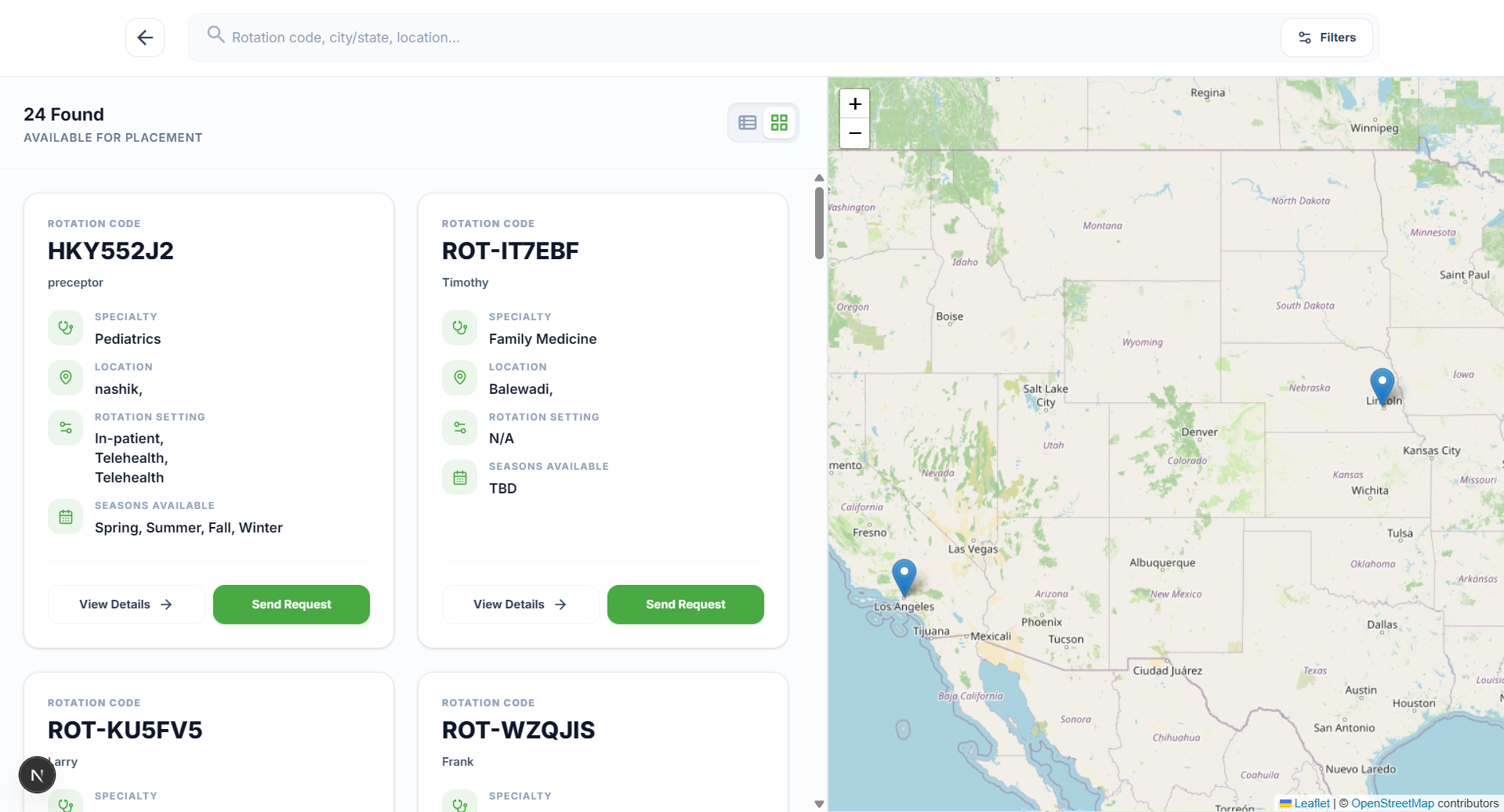 Search rotations screen