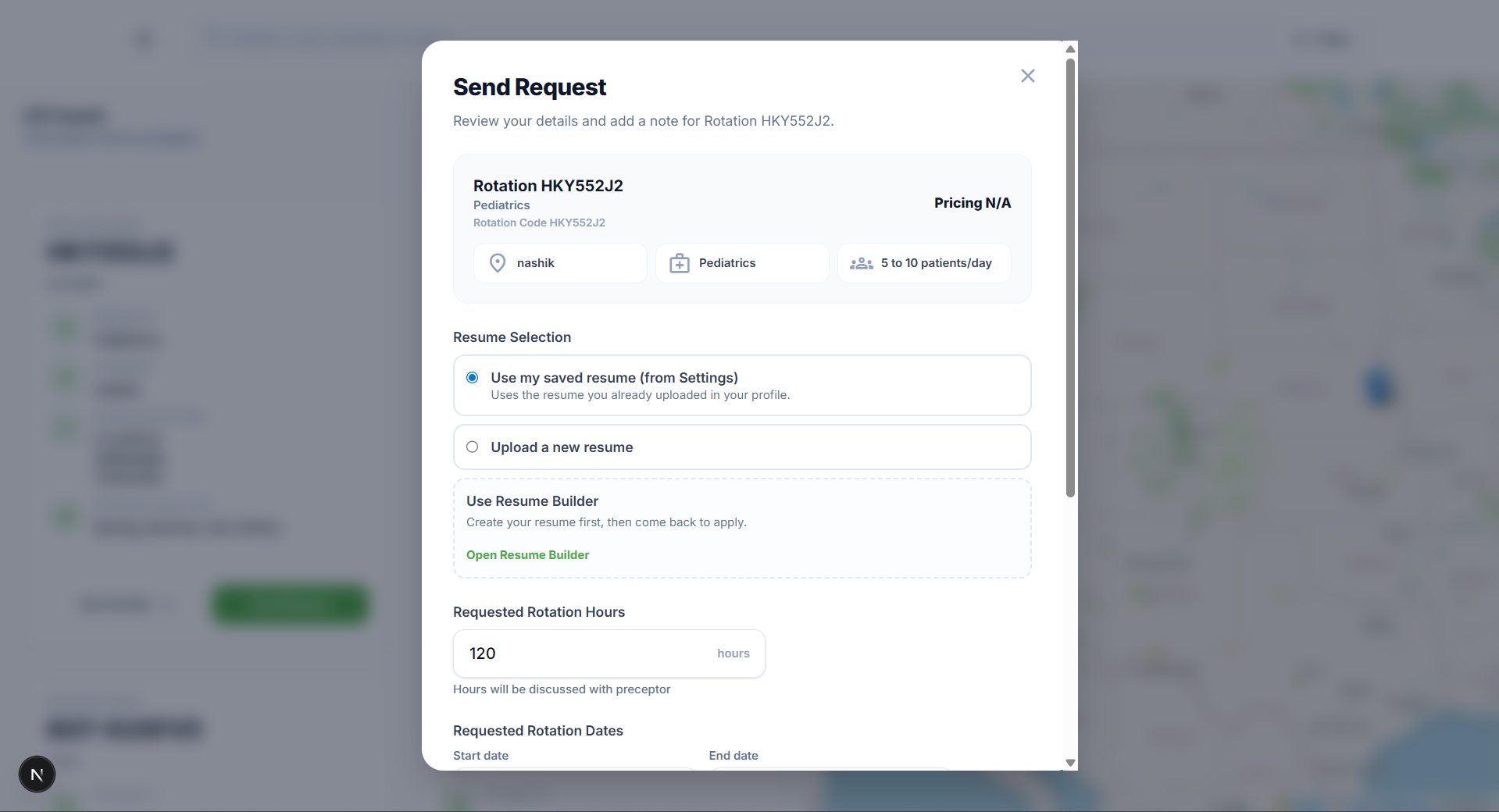 Apply modal / send request